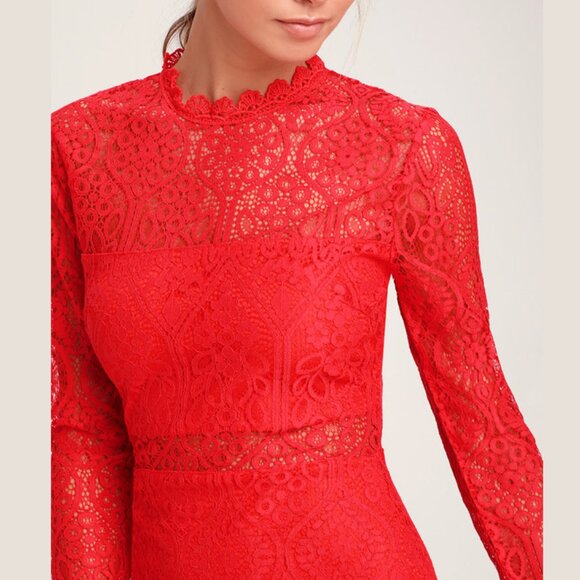 Lulus Red Lace Long Sleeve Bodycon Mini Dress Size Small Stunning Party Look - Picture 16 of 17